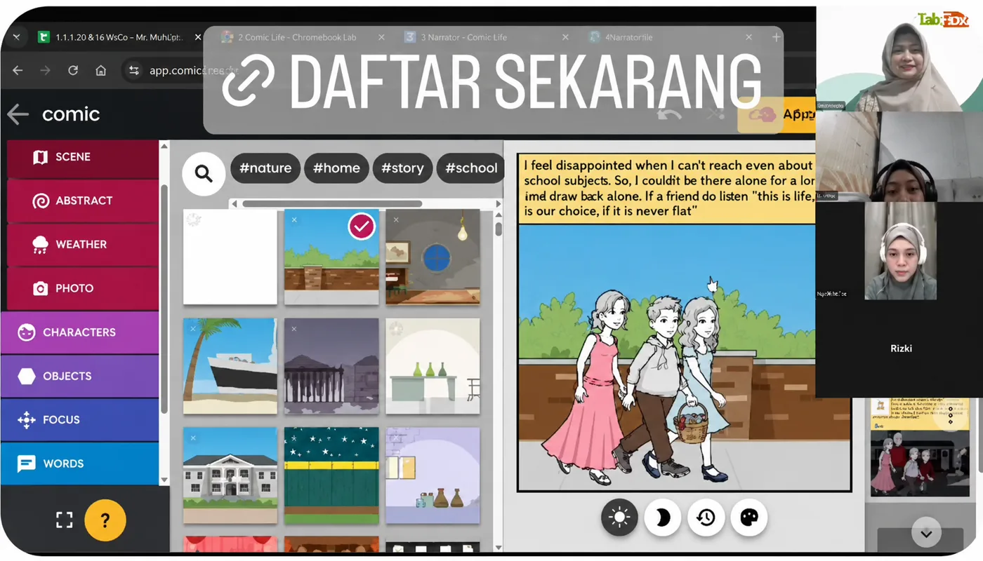 Sesi kelas online TalkFlow — member menyusun cerita komik digital bersama tutor lewat video call