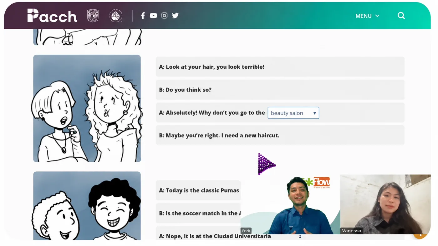 Latihan percakapan bahasa Inggris — member dan tutor mempraktikkan dialog role-play dalam sesi online